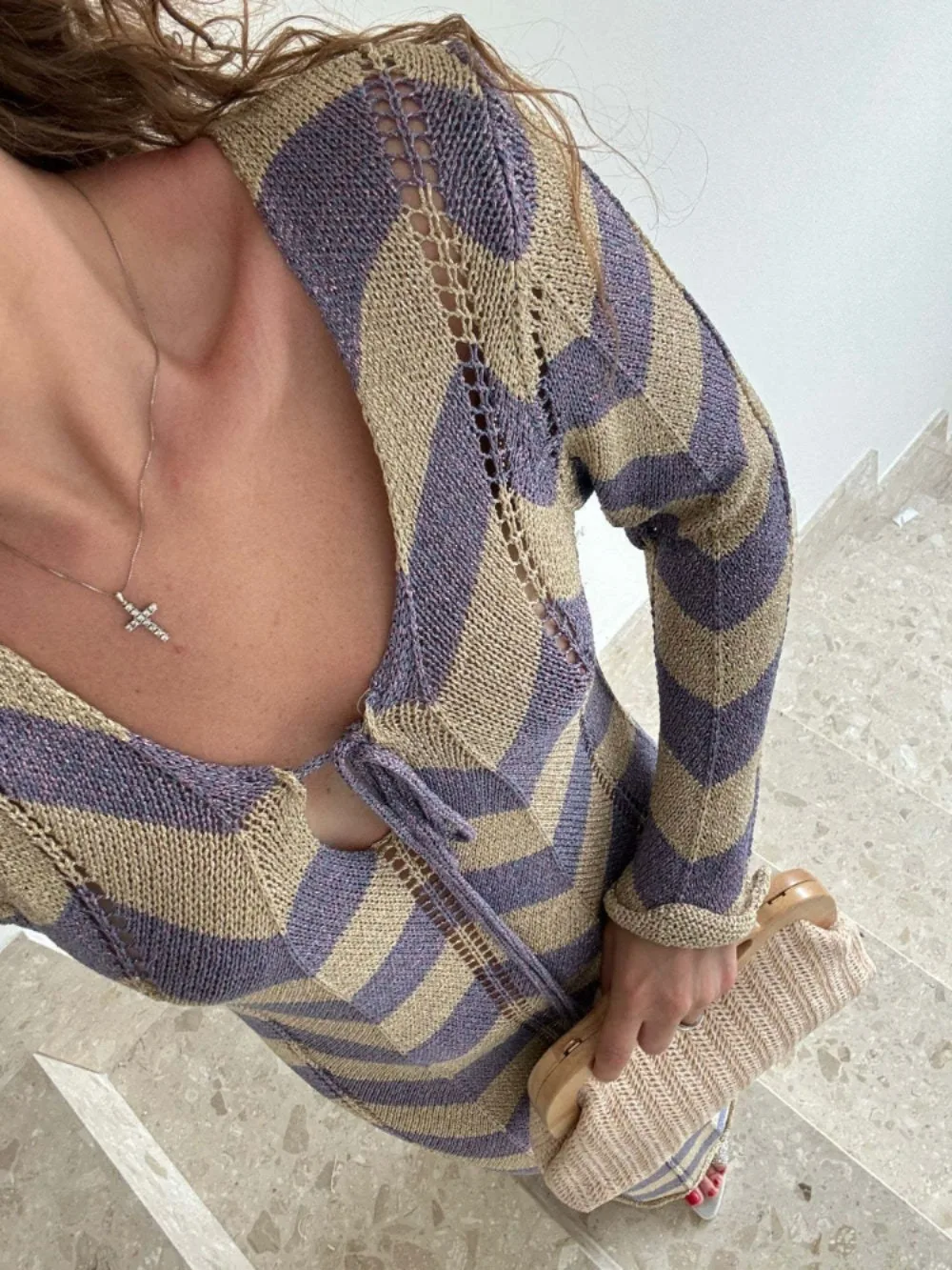 Elegant Striped Knit Maxi Dress for Women Sexy Hollow Out Long Sleeve Holiday Beach Dress Fashion Lace Up Party Dresses Autumn