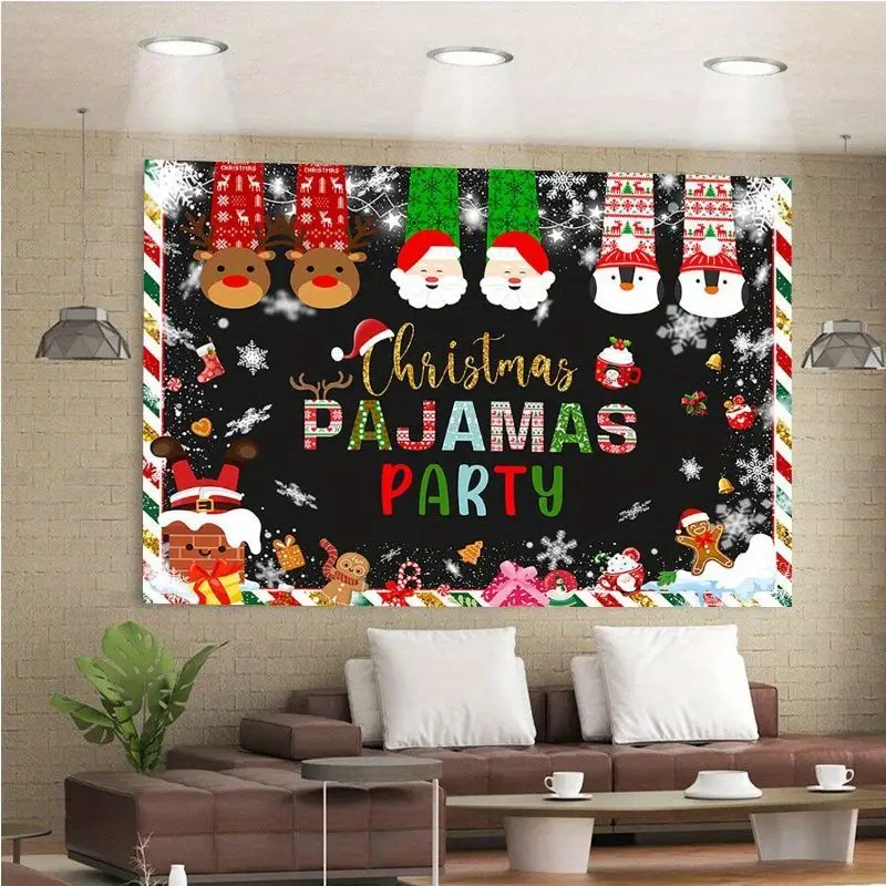 VIKAMA Xmas Pajama Party Tapestry Santa Reindeer Xmas Wall Art Holiday Party Backdrop for Bedroom Living Space Decor