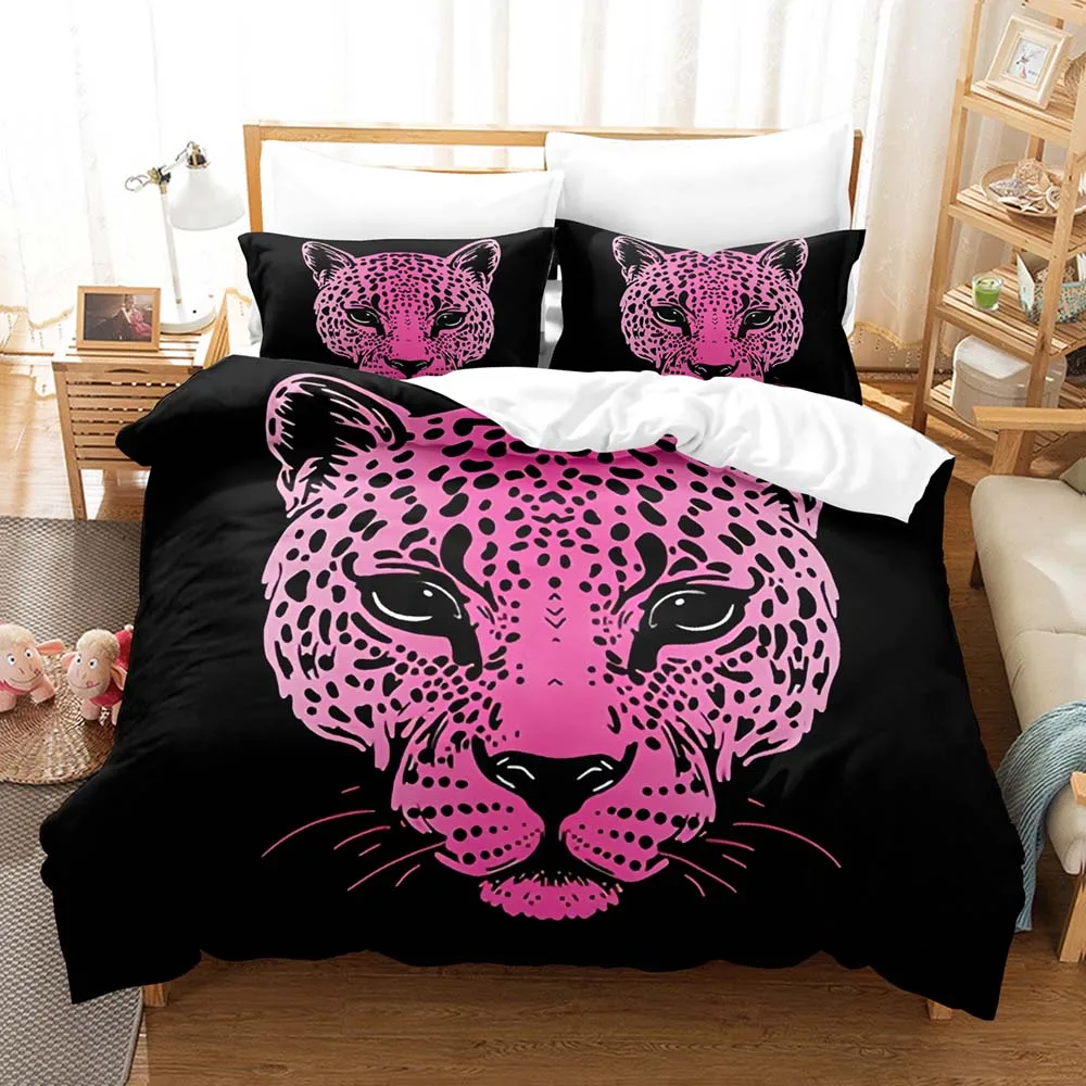 Kawaii Pink Leopard Pattern Three Piece Bedding Set - Luxury Comforter Set with Queen King Size Including household goods Anime