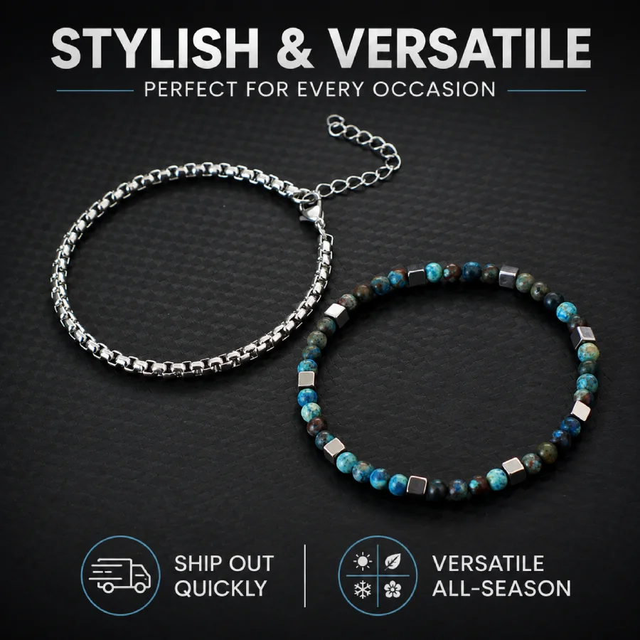 Stilvolles 2-teiliges Herren-Armband-Set, 4 mm, Edelstahl, kubanisches Kettenarmband, quadratisches Hämatit-Stein, Heilarmband, Fahrradzubehör – Detail 4