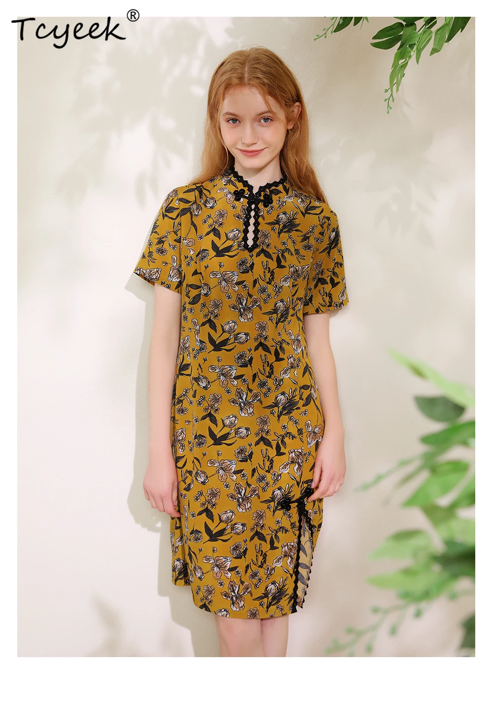 Tcyeek,100% ผ้าไหมแท้,ผู้หญิงแขนสั้นตัดเฉียง,จีนVINTAGE Cheongsam,2024 ฤดูร้อนฤดูใบไม้ร่วงใหม่D47143QM