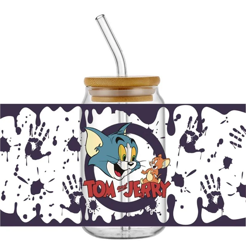 アニメ猫とマウスのパターン転写ステッカー、UV dtfラップ、防水転写デカール、libbeyガラスカップ用DIY、16オンス