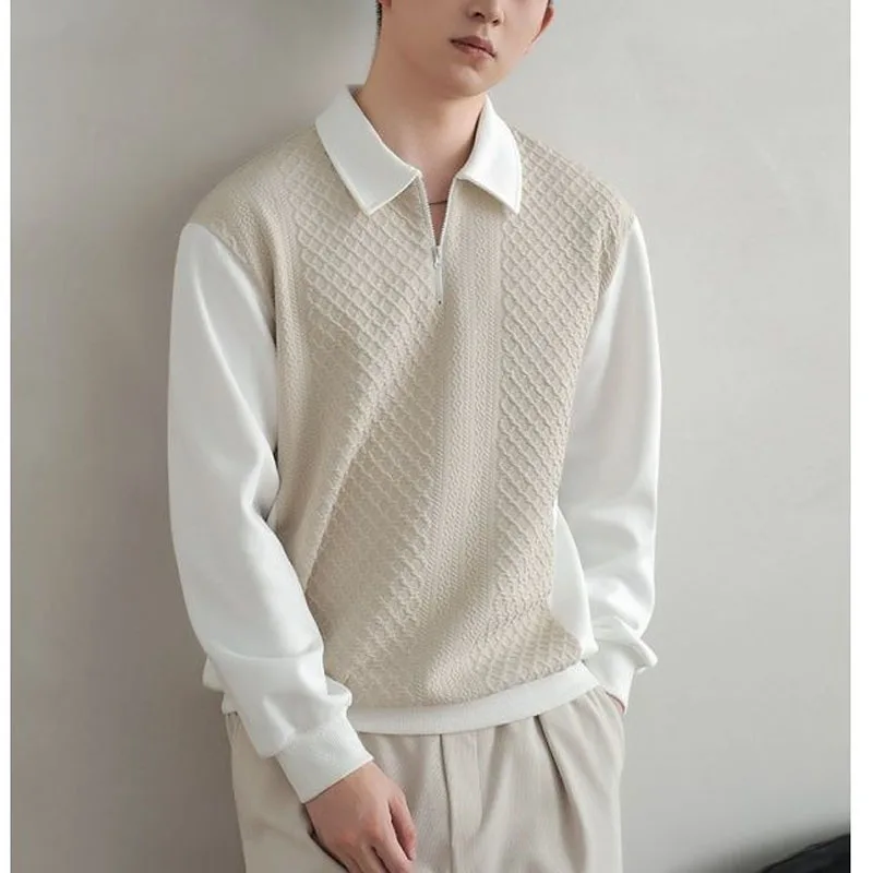 

Fake Two Items Color Collision Simplicity Sweater Men Spring Trend Korean Casual Half Zipper Long Sleeves Knitting Patchwork Top