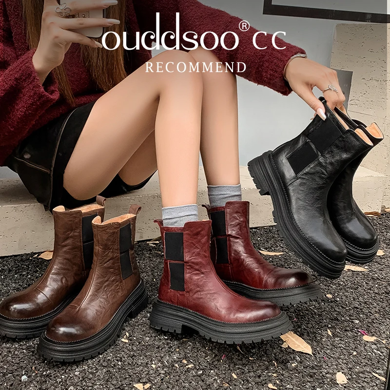 

Ods Genuine Leather Women's Shoes Winter Ankle Boots Round Toe Thick Heel Short Boots Concise Slip-On Modern Red Lady Large41 42