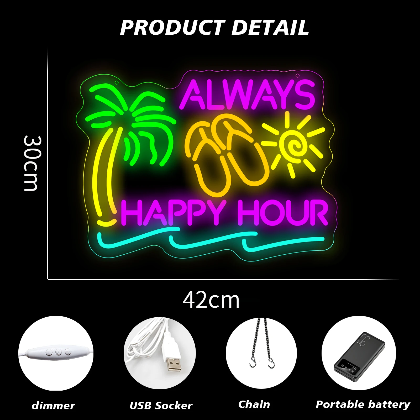 Always Happy Hour Neon Sign For Summer Wall Decor Led Neon Light For Bedroom Office Pub Cafe Party Man Cave Beach Art Decor