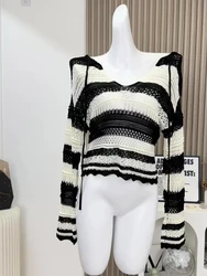 Autumn Winter Woman Vintage Hollow Out Y2k Cardigan Sweater Long Sleeve Striped Knitwears Crochet Top Chic Designer Pullovers