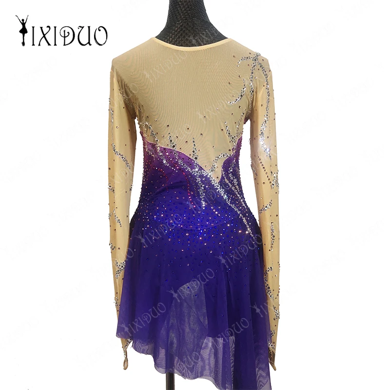 فستان للتزلج على الجليد بأكمام طويلة للبنات ، حجر الراين اللامع ، شبكة يوتار ، ملابس الرقص للرقص الغنائي ، الجمباز الباليه ، 6-16 سنة #2