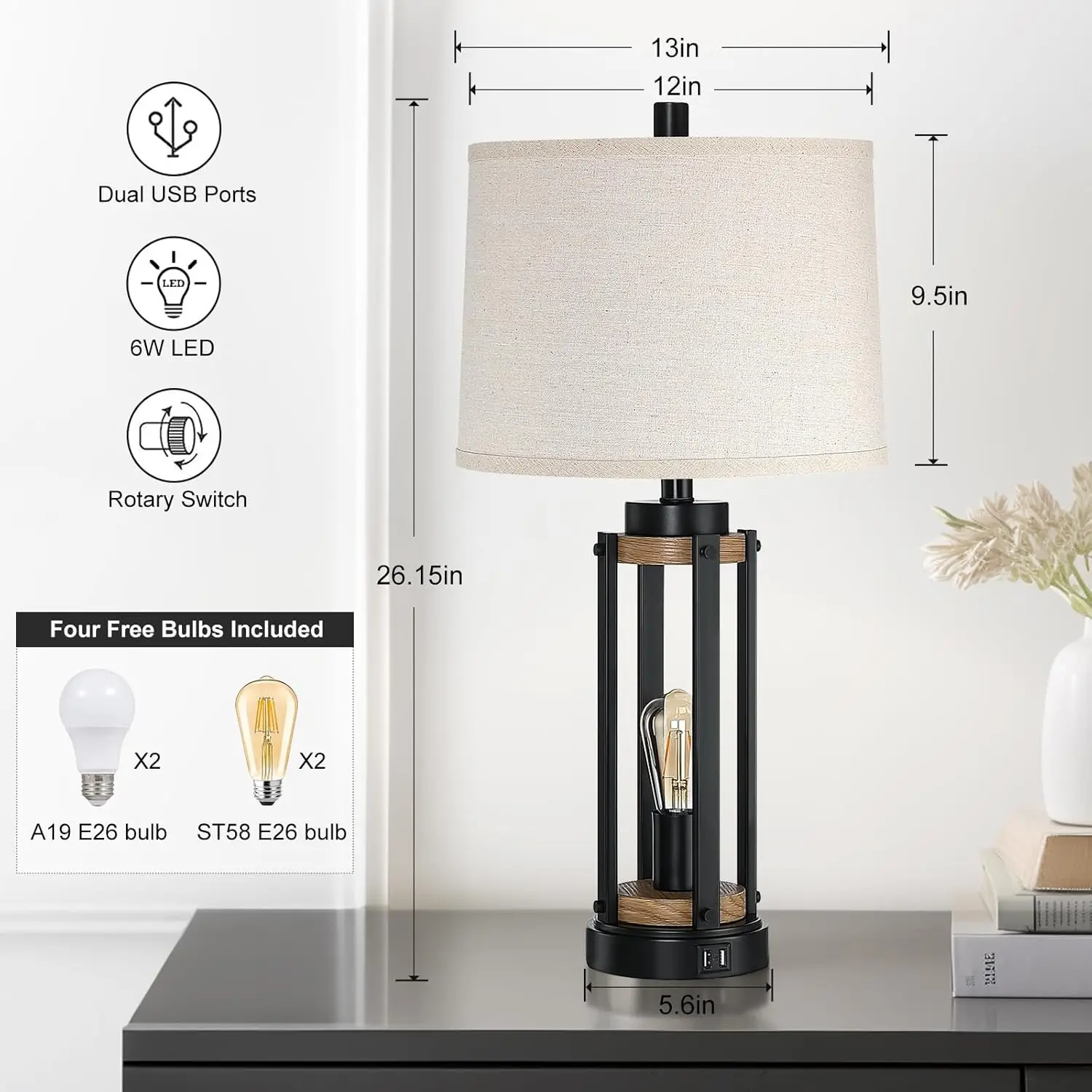 Ensemble de 2 lampes de table de ferme, lampes de chevet rustiques vintage de 26 pi avec chargement USB et veilleuse, ampoules incluses