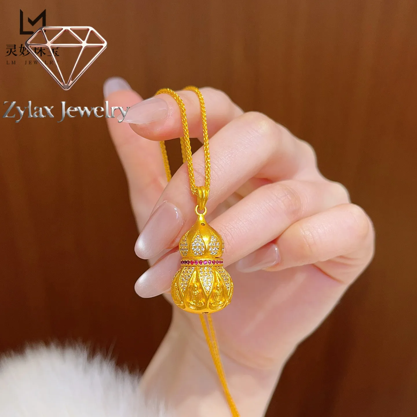 

Zylax Jewelry Diamond-Studded Gourd Clavicle Chain Women's 24K Gold AU999 - Clavicle-friendly chain fit, no discomfort, for all-