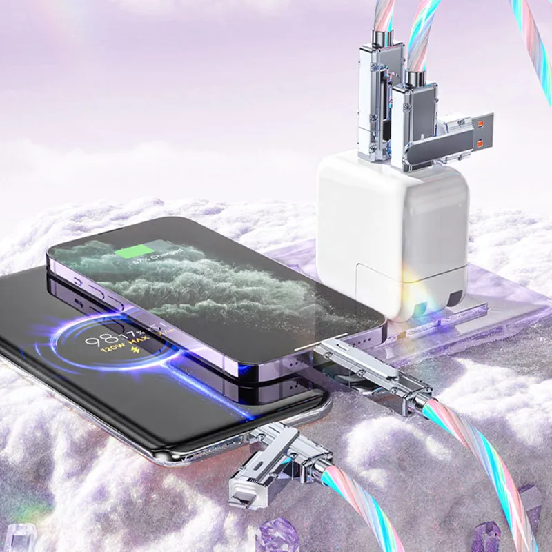 4-in-1 كابل بيانات Rgb ضوء ملون شحن سريع نقل البيانات مفتاح مجاني 4 واجهات كابل شحن متين مضيء