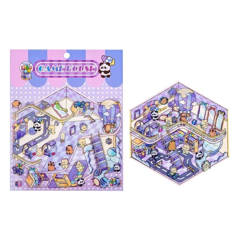 W89C 만화 3D 미니어처 장면 스티커 캐빈 풍경 스크랩북 저널링 사진 앨범 전화 케이스 수하물 스티커