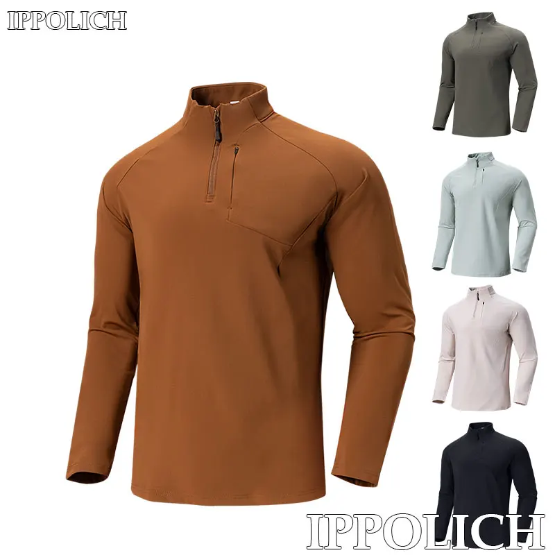 

Long Sleeve Half Zip Outdoor Men's Fitness Running Stand Collar Long Sleeve Soft Comfortable Round Solid Color Long Sleeves Top