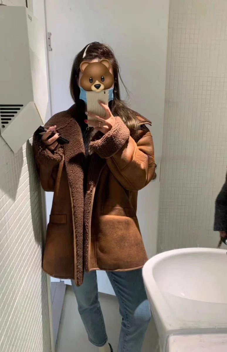 معطف نسائي دافئ من فراء الخروف من Thiened معطف دراجة نارية متوسط الطول شتوي جديد من الجلد الصناعي معطف طويل Sve