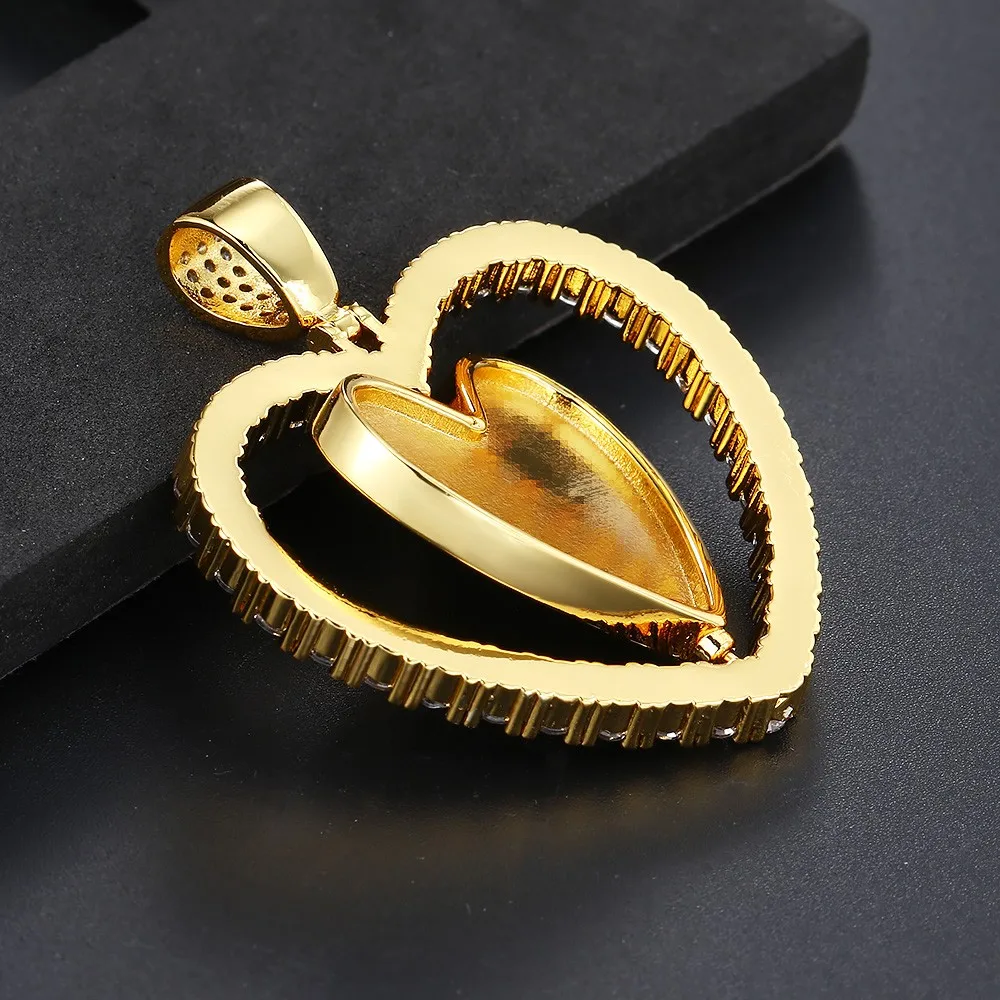 Foto Disesuaikan Kalung Liontin Hati Berongga Putar Dua Sisi Rantai Leher Es Keluar untuk Wanita Pria Hadiah Perhiasan Warna Emas Mewah