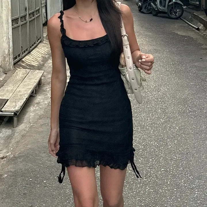 Chic Sweet Korean Style Bateau Neck Ruffle Hem Drawstring Strap Slim Fit Summer Sexy Bodycon Dress for Women Party Wear