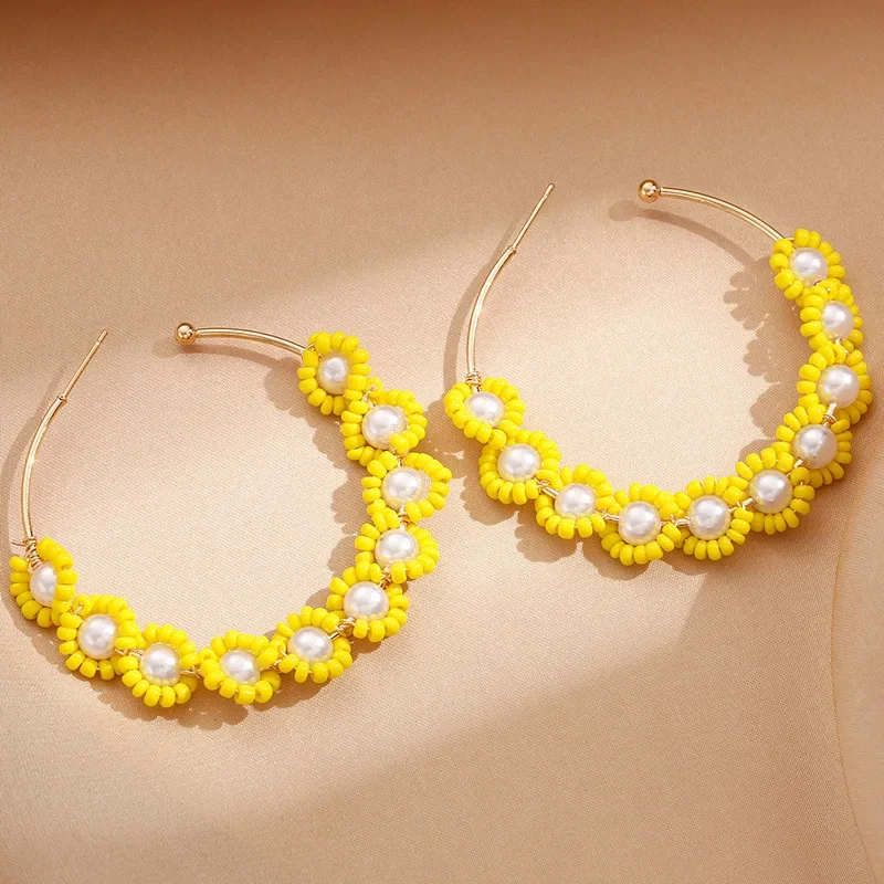 

Beaded earrings Pearl Flowers Design Fashion C-shape Hand knitting Alloy Bohemia Simple Originality Rice bead earrings
