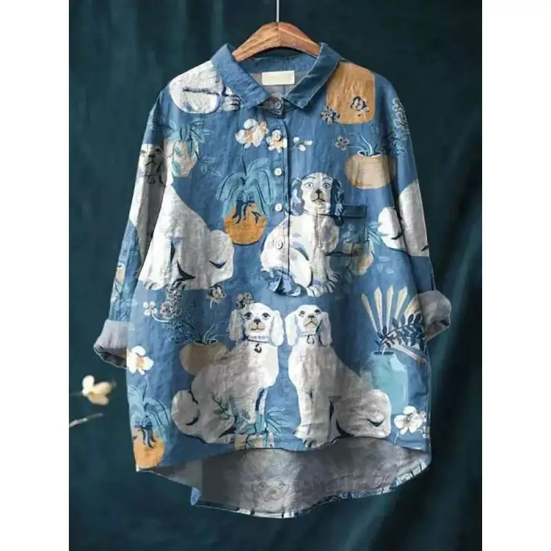 

Retro Hong Kong Style Denim Blue Cartoon Dog Print Shirt Women Summer Loose Slimming Seven-Quarter Sleeve Cotton Linen Top
