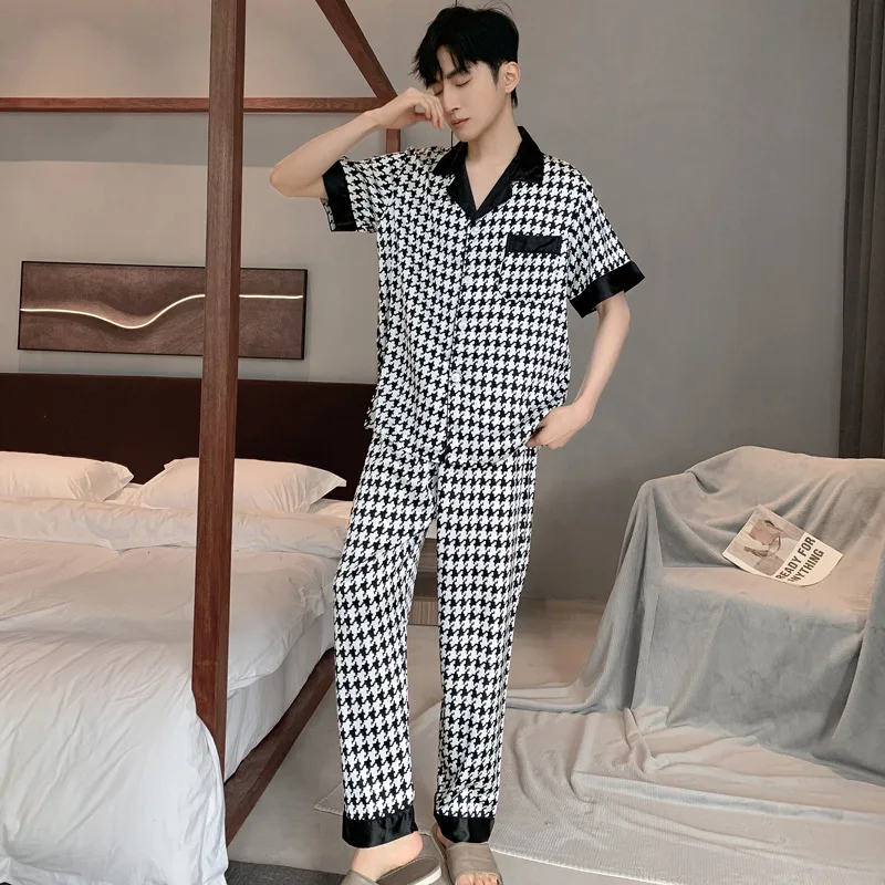 Design Houndstooth Pajama Men Ice Silk Pyjama Set Youth Home Wear Teenager Night Clothes Long Sleeve Suit Sleepwear-Set Male