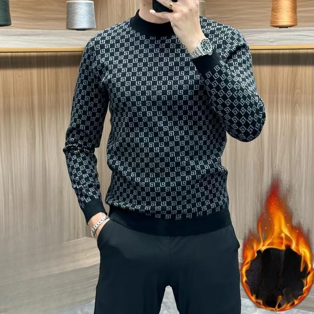 Autumn Winter New Koreon Fashion Fleece Thicken Warm T-Shirt Men Clothing O-Neck Long Sleeve Casual Pullover Bottoming Tops