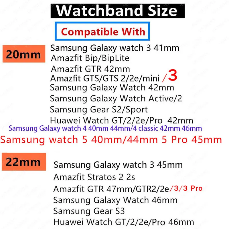 20mm 22mm For Samsung Galaxy Watch 4/5 Strap 40mm 44mm Watch 3 Active 2 Gear S3 Smartwatch Bracelet Amazfit Bip GTS GTR 4/3/2
