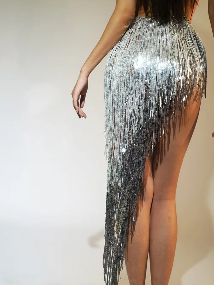 Sexy Women Dress Silver Fringe Rhinestone Performance Outfit Birthday Party Rave Outfit Gogo Show Stage Dance Costume VDL3937
