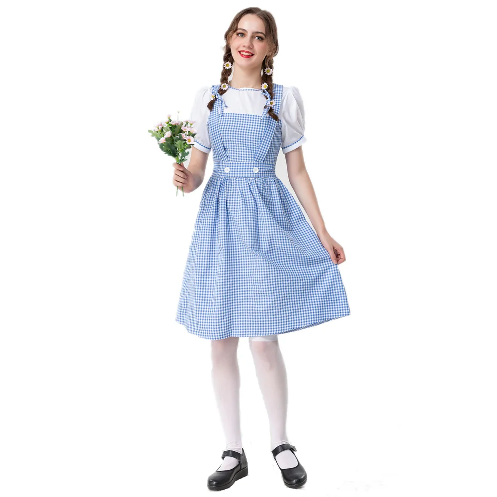 Volwassen Dorothy Maid Blauwe Plaid Jurk Cosplay Halloween Kostuum Oktoberfest Dirndl Voor Vrouwen