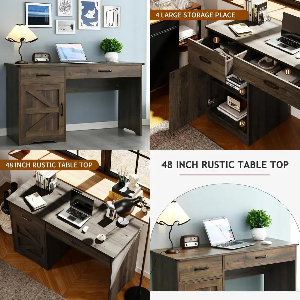 48-Inch Traditional Farmhouse Desk with Dual Drawers, Compact Executive Desk Including File Storage and Barn-Style Door for Effi