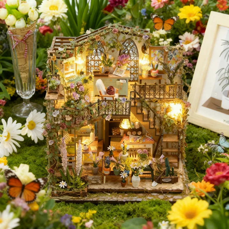 OUZEY Victorian Bloom Cottage DIY، بيت زهور خشبي ثلاثي الأبعاد من طابقين، هدية كلاسيكية للمراهقين #3