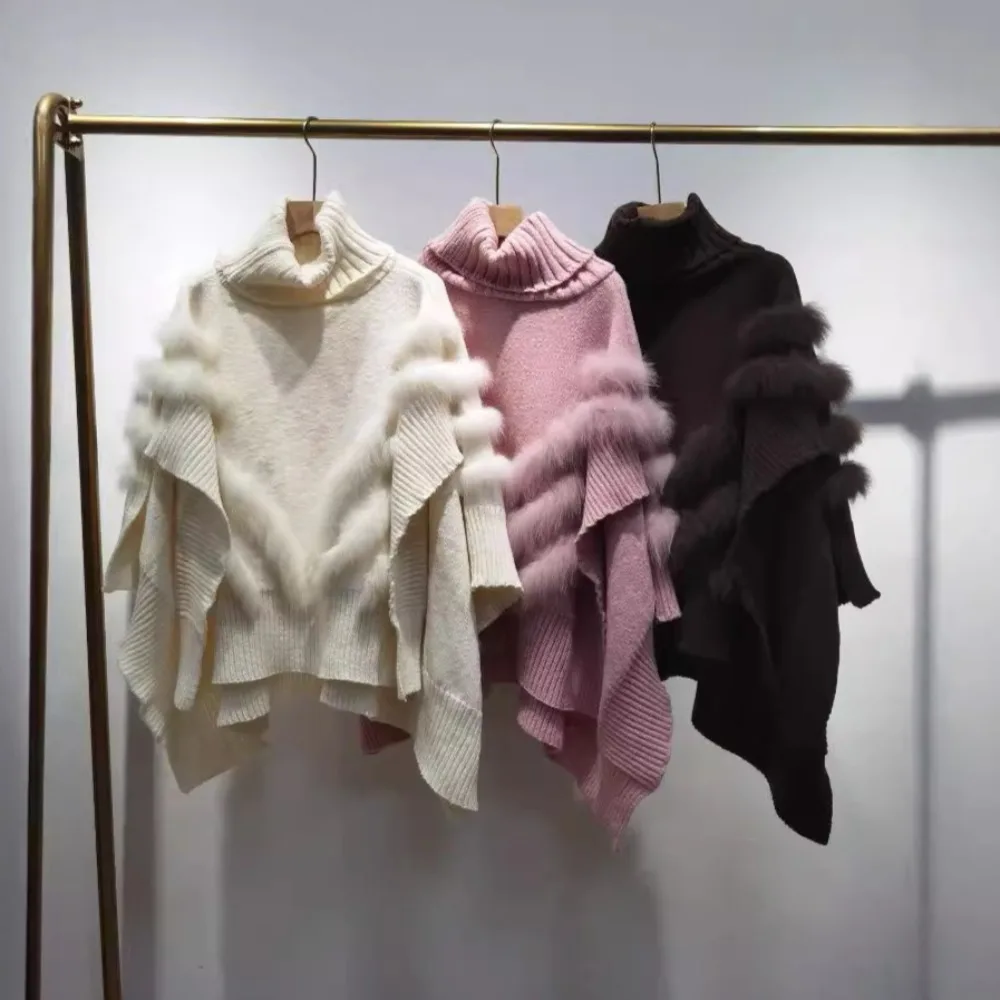 

2024 Autumn Winter Temperament Real Fox Fur Splicing Knitted Sweater Women's Cape Fur Knitted Sweater Female High-end Shawl