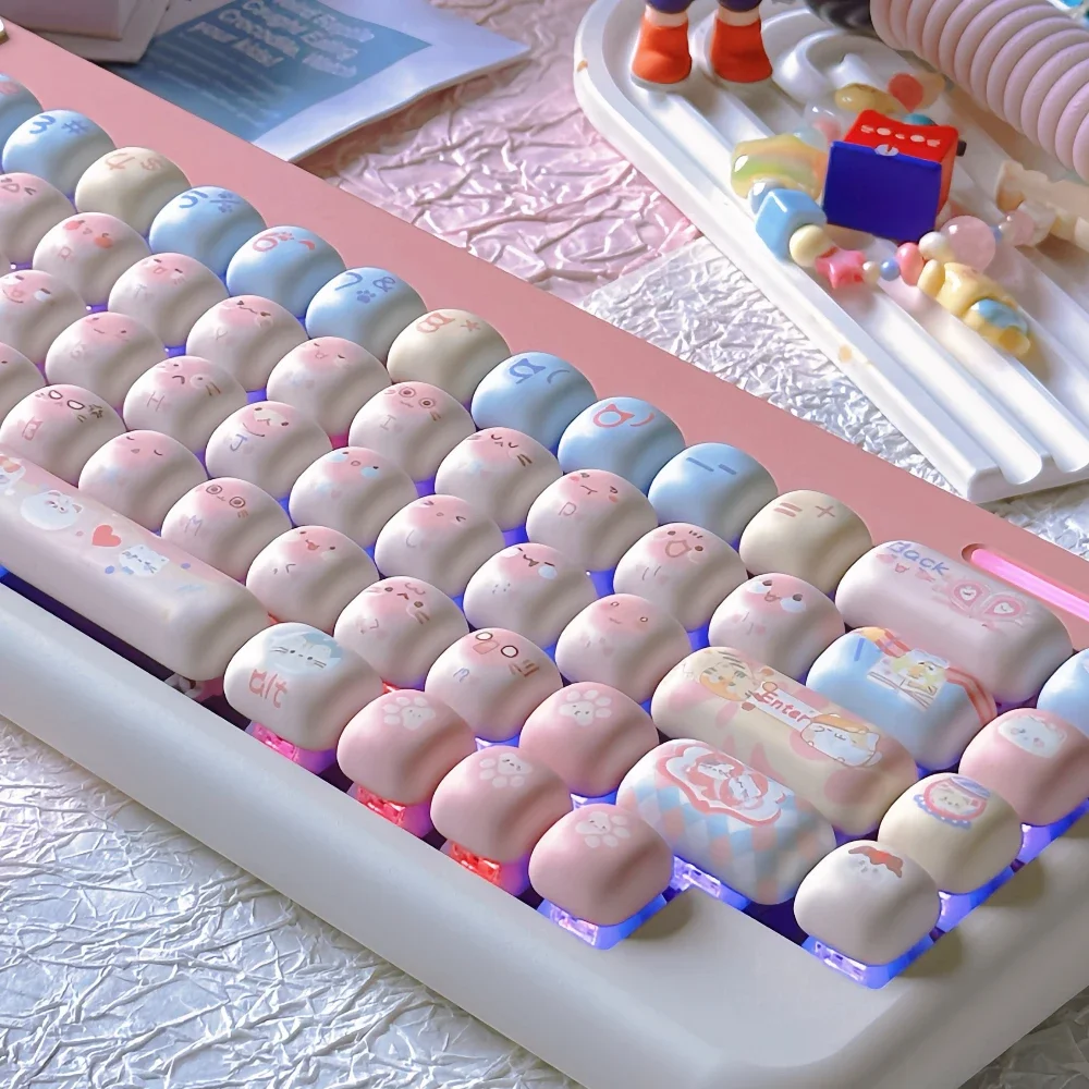 Sweetheart Cat Pink Dream Keycap Mog Height Pbt Keycap Mushroom Shape 140 Keys Cute Cartoon Pink Diy Round Keycaps