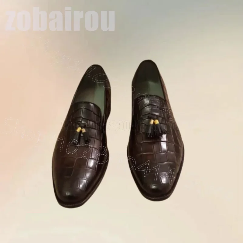 

Brown Crocodile Print Matte Leather Tassels Loafers Fashion Slip On Men Shoes Luxurious Handmade Party Banquet Men Dress Shoes