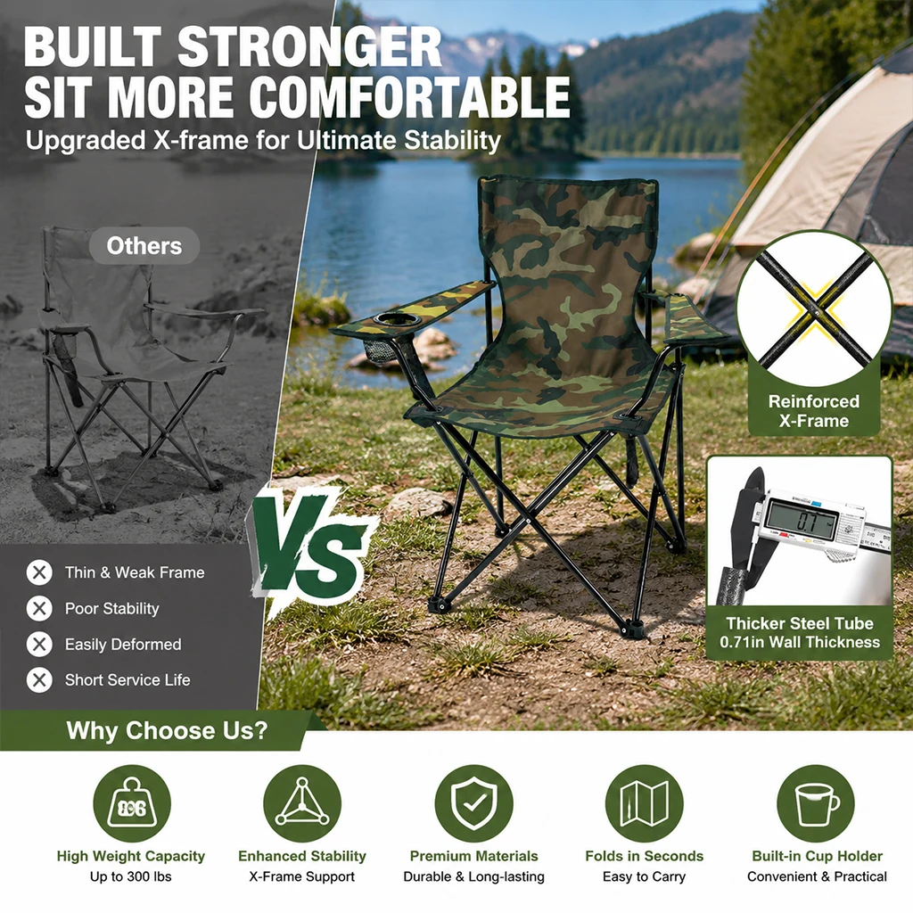 Juego de 1/2 sillas plegables para acampar, 50 × 50 × 80 cm, asiento de pesca portátil, silla de camping plegable y portátil, sillas de escenario, capacidad de peso de hasta 130 kg