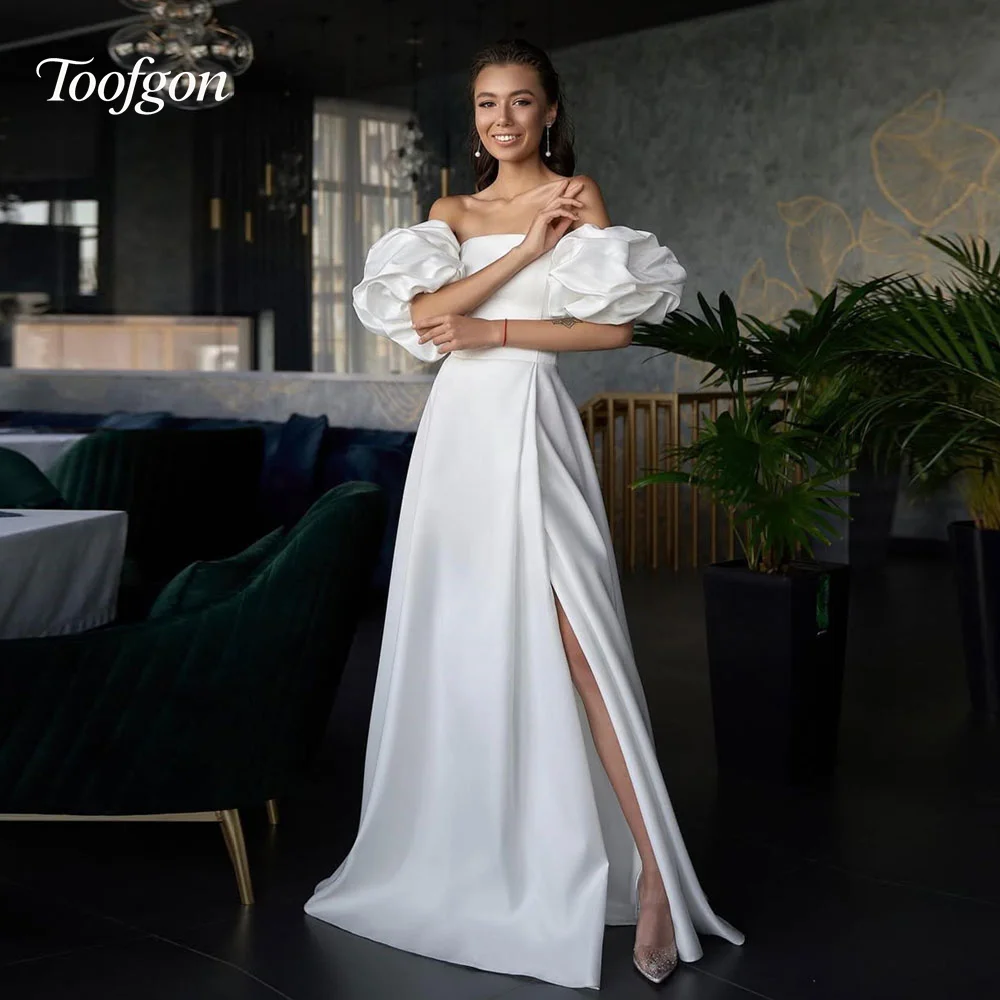 

Toofgon Customized Luxury Strapless Satin A Line Wedding Dresses Short Puff Sleeve Bride Gown Slit Corset Backless Bridal Gowns