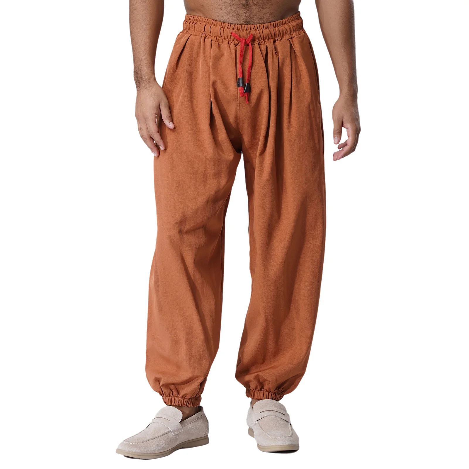 Mens Stylish Harem Pants Drawstring Elastic Waist Pockets Loose Bloomers Long Pants Hippie Trousers for Daily Casual Dance Party