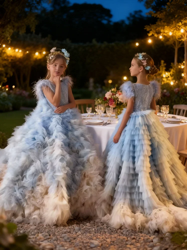 فساتين فتاة الزهور لحفلات الزفاف ذات طبقات مزينة بالريش الرائع للأطفال والمناسبات الرسمية والحفلات المسائية حسب الطلب #4