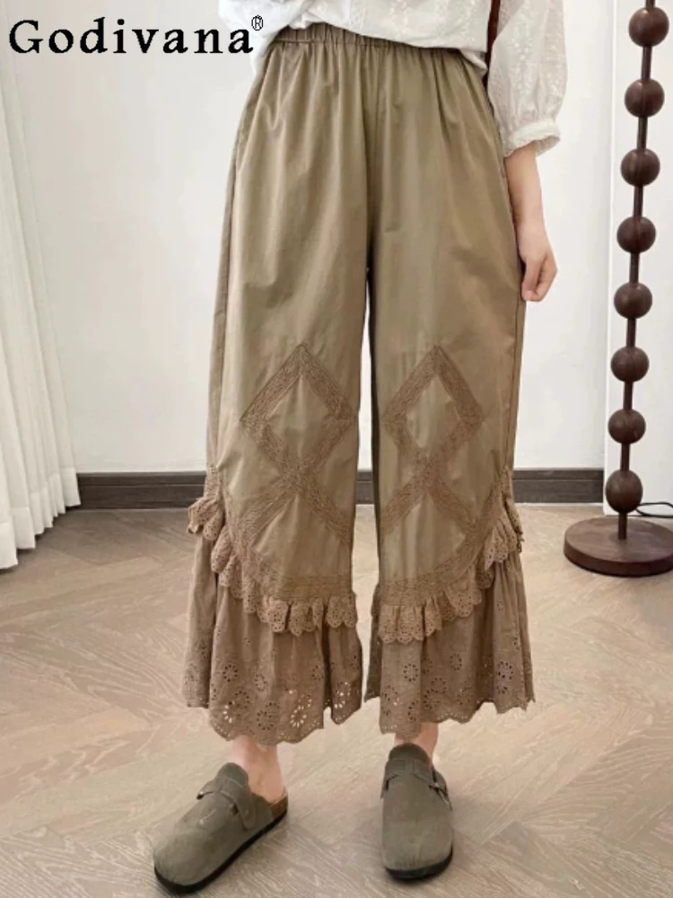 

Plus Size Sweet Japanese Lace Patchwork High Waist Bootcut Pants Cute Girl Summer Loose Leisure Versatile Lolita Wide-leg Pants
