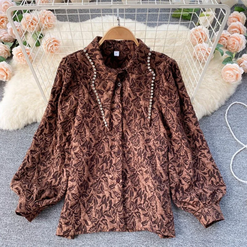 Socialite Elegant French Style Shirt Women's Design Sense Niche Exquisite Rhinestone Lapel Puff Sleeve High-End Western Style To