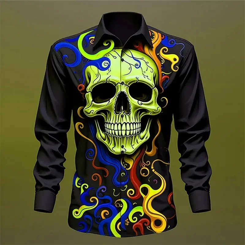 Men's Pink Purple Psychedelic Skull Swirl Graffiti Print Long Sleeve Shirt Lapel Button Tops For Festival Street Hip‑Hop Outfit