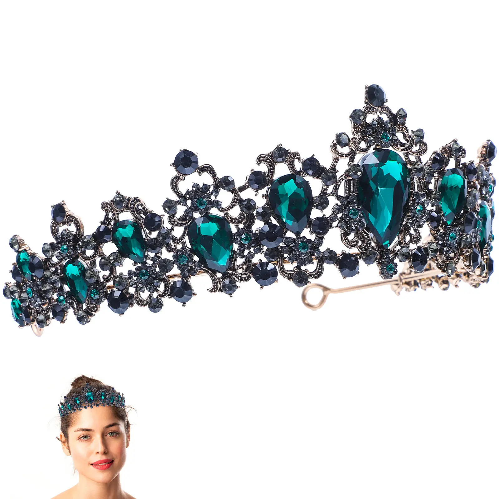 1Pcs Elegant Baroque Crown Imitation Emerald Rhinestone Jewelry for Women Wedding Hair Decoration Retro Vintage Sparkling Crown
