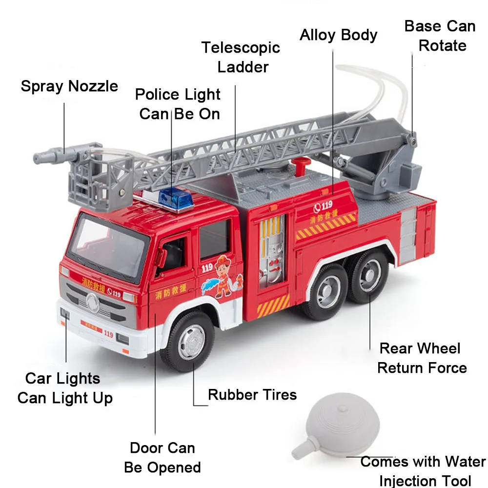 1:32 Alloy Long Arm Water Gun Fire Truck Model Car Toy Diecast Ladder Cars Door Opened Sound Light Pull Back Kid Christmas Gift