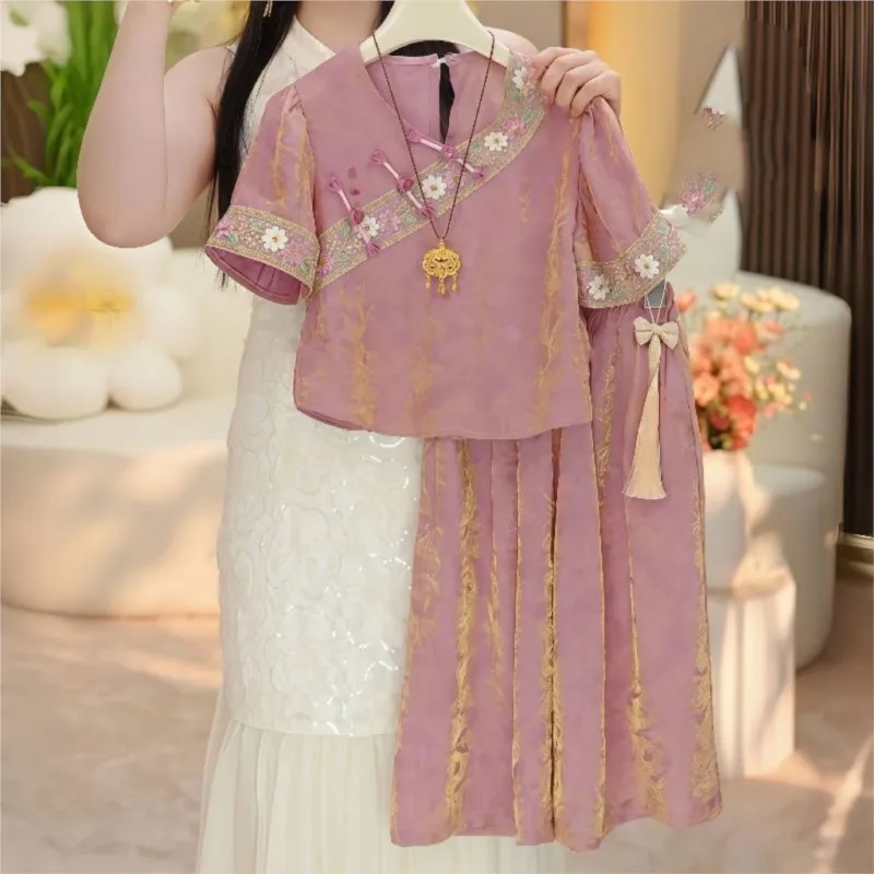 2026 Girls' Chinese Short Sleeved Top Pants Set 2026 Children's Summer New Chinese Ancient Style Buckle Top Pants 2-Piece LJ613