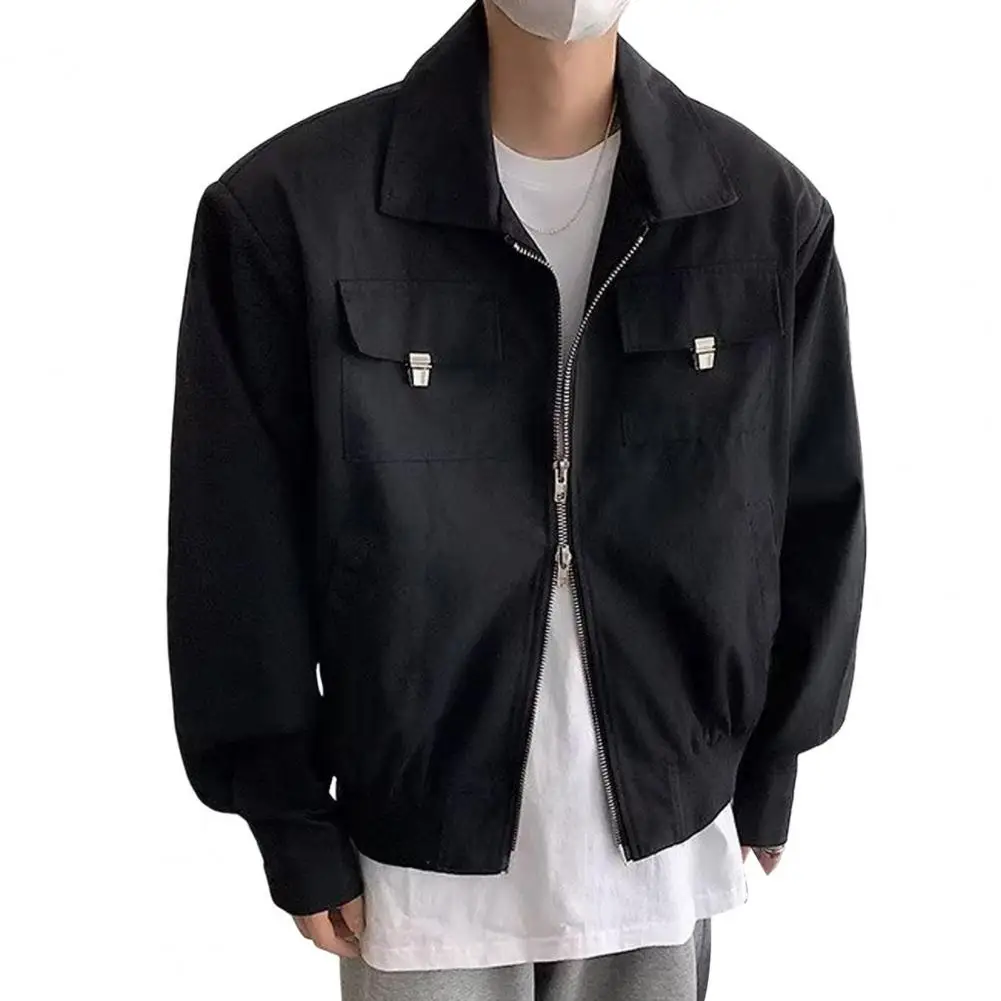 

Men Coat with Chest Pockets Double Zipper Lapel with Chest Pockets Solid Color Cargo Jacket