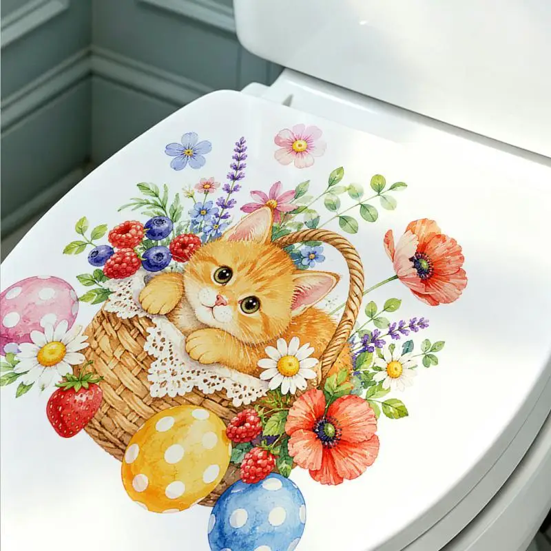 Self Adhesive Waterproof Toilet Sticker With Cute Orange Cat Floral Pattern For Bath Decor