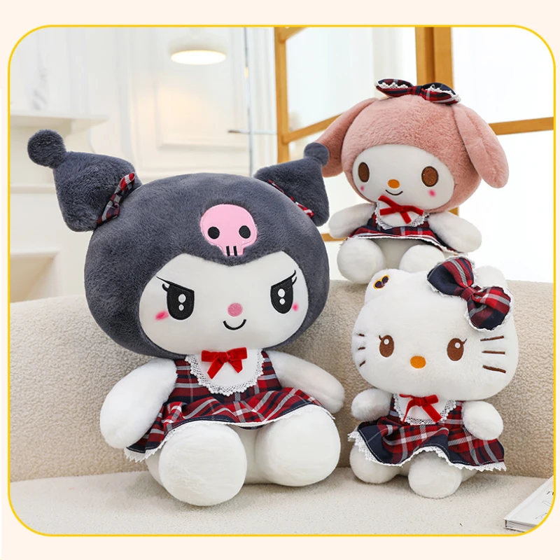 

Новинка, плюшевая кукла Sanrio Hello Kitty Kuromi My Melody, 20/30/45 см, милая мультяшная плюшевая игрушка, милая клетчатая игрушка-платье, подарок для девочки