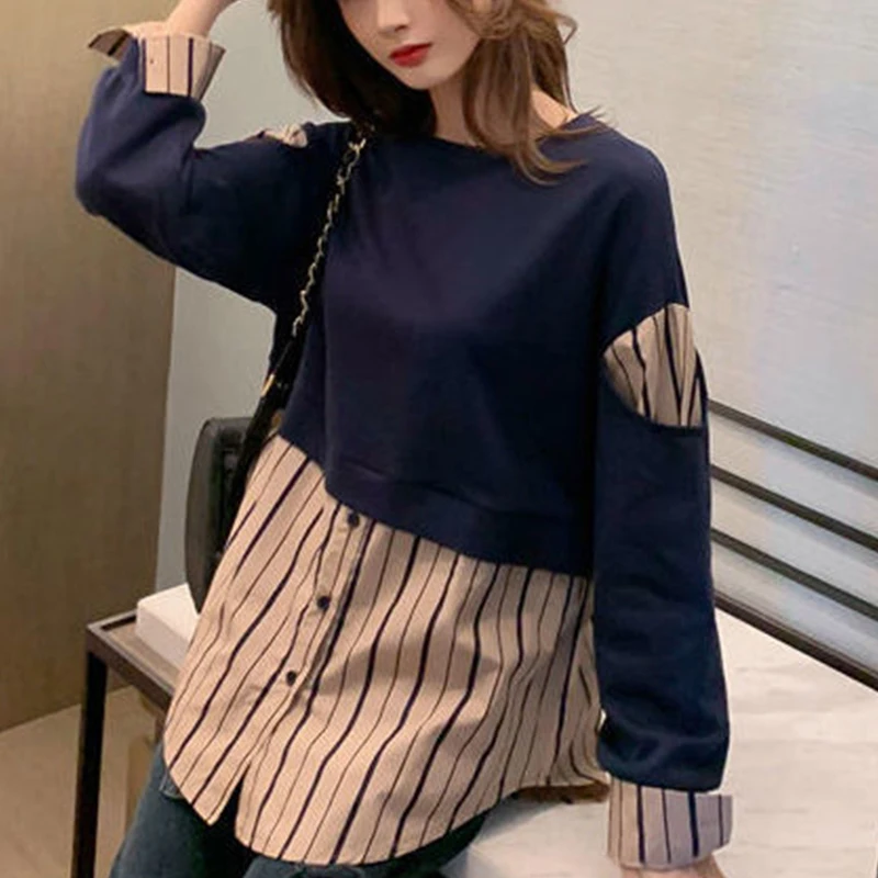 Sudadera de retazos a rayas de dos piezas falsas para mujer, Top de moda Coreana de manga larga, jerséis casuales sueltos que combinan con todo,