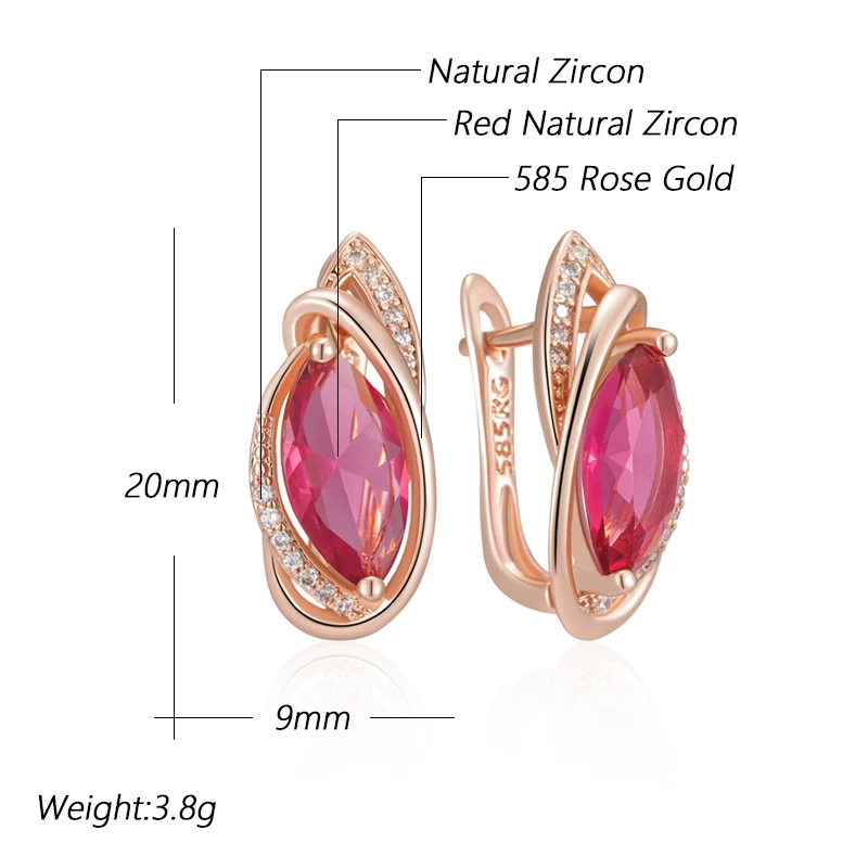 Kinel Hot Red Rhombus Natural Zircon Drop Earrings for Women Fashion 585 Rose Gold Color Vintage Party Fine Daily Jewelry
