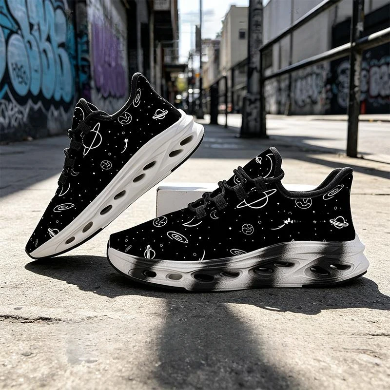 Ladies Men Sports Shoes Running Shoes Casual Shoes，Trendy black and white hand-drawn planet and starry sky print exudes a high-e