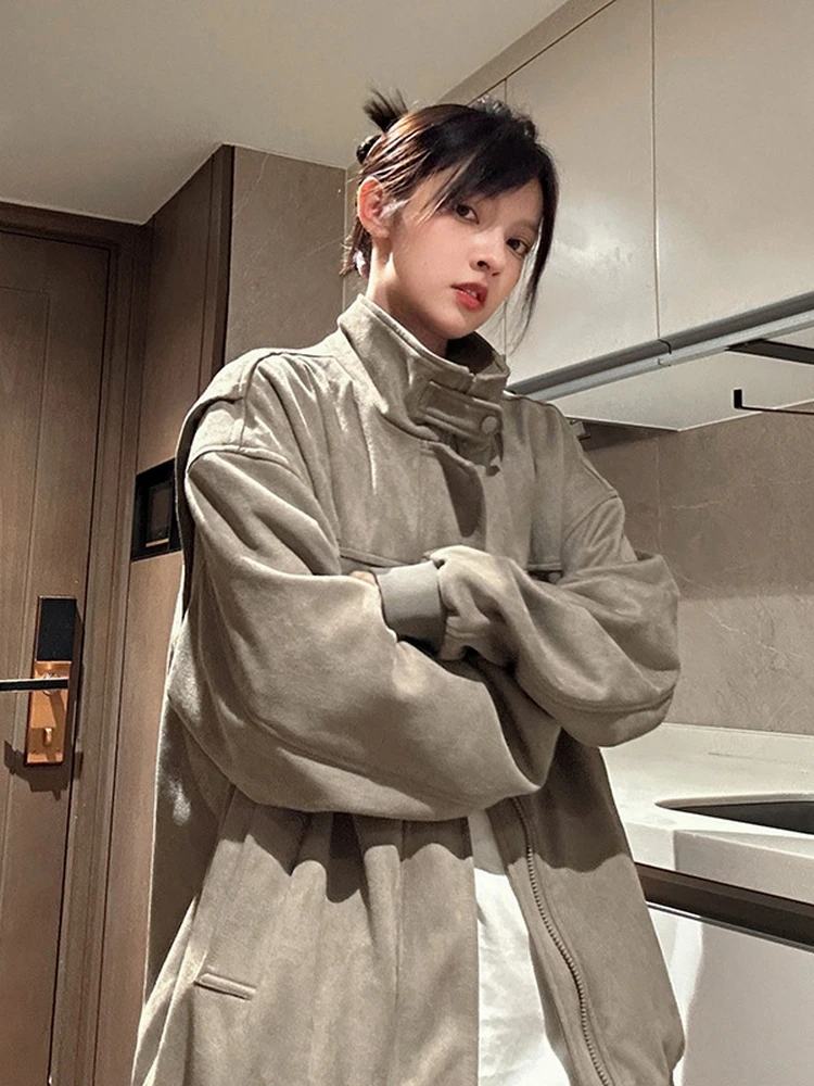 

Retro American Sle Suede Jaet Men's Spring Autumn Trendy High Street Cool Stand Collar Coat Youth Warm Long Sve Zipper