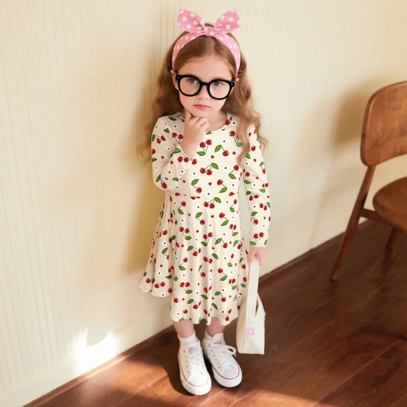 

Girls Long Sleeve Cherry Print Swing Dress Cute Casual Kids Outfit for Spring Autumn Daily Wear And Parties