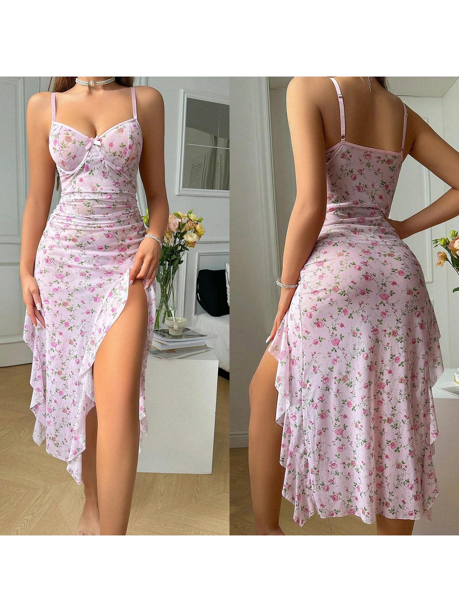 Camisón de satén recortado con encaje para mujer, vestido camisero con tirantes finos, ropa de dormir con estampado floral, lencería, camisón midi